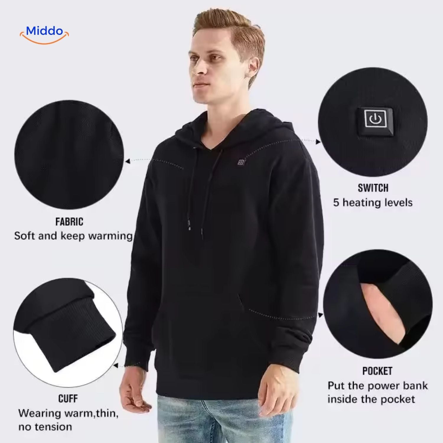 heatpro hoodie zwarte stijl met verwarming en opbergvak