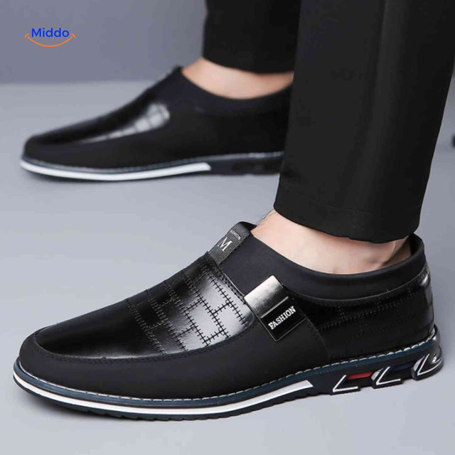 heren blauw zwart slip on loafers ruitpatroon stijlvol comfort schoenen www.middo.nl
