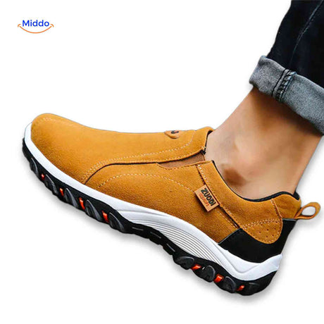 heren grijze casual wandelschoenen zijaanzicht lichtgewicht slip on comfort schoenen www.middo.nl