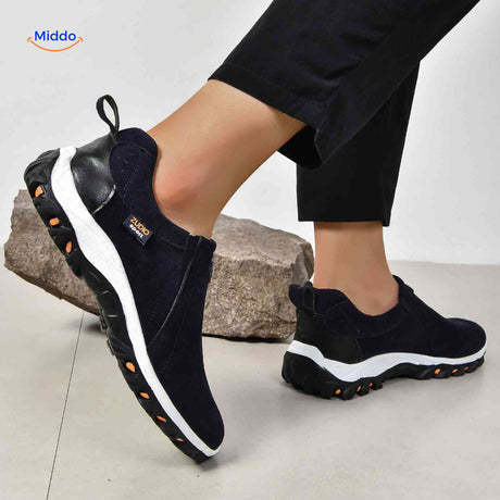 heren marine wandelschoenen close up flexibele zool schokabsorberende comfort sneakers www.middo.nl