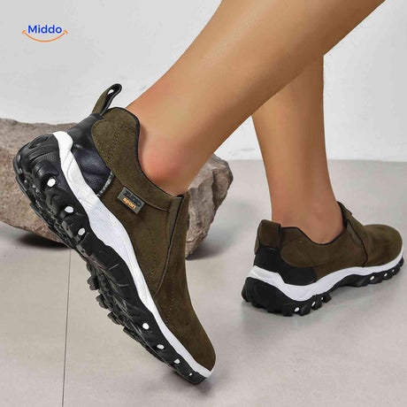 heren olijfgroene casual sneakers paar aanzicht ademend bovenwerk lichtgewicht wandelschoenen www.middo.nl