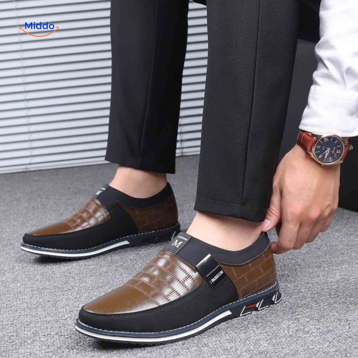 heren zwarte leren slip on loafers elegante kantoor casual schoenen www.middo.nl
