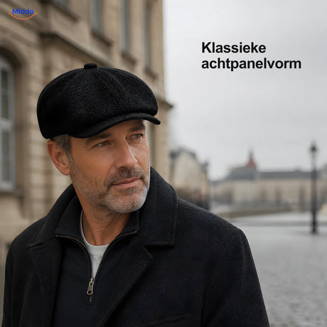 Man draagt zwarte Heritage Eight flat cap met achtpanelvorm en korte klep