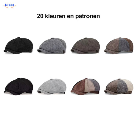 Selectie van Heritage Eight flat caps uit twintig kleuren en patronen
