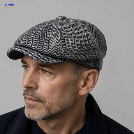 Close-up van grijze Heritage Eight flat cap met korte klep en acht panelen