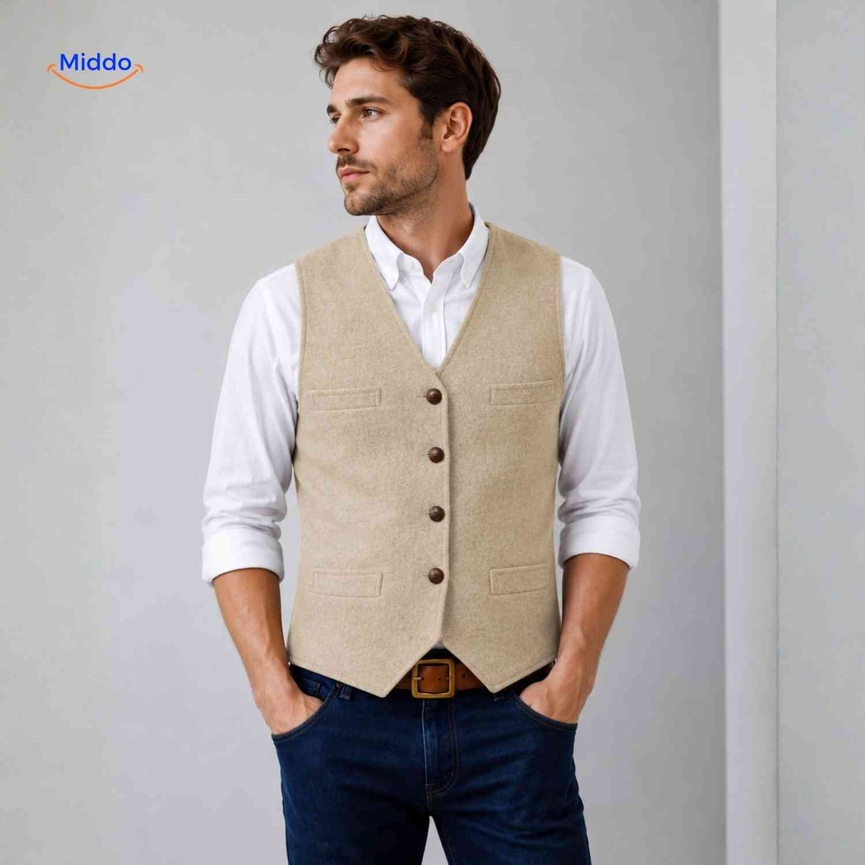 herringlux vest heren beige gilet tijdloos www.middo.nl