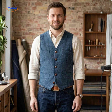 herringlux vest heren blauw gilet tweed www.middo.nl