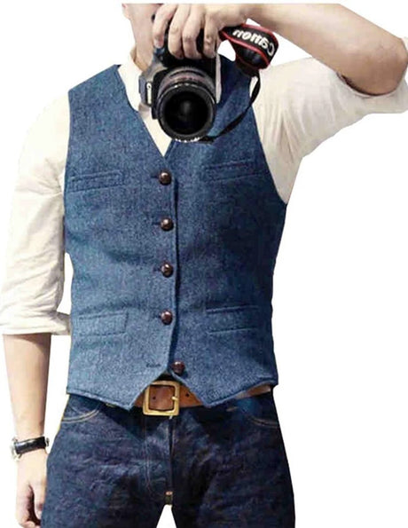 HerringLux vest heren blauw gilet met visgraat wolmix