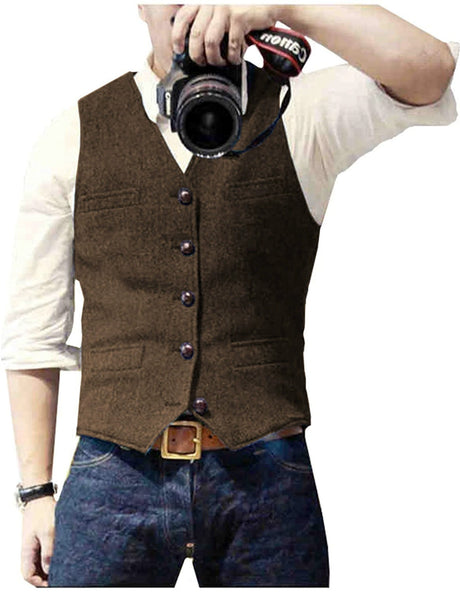 HerringLux vest heren bruin gilet met visgraat wolmix