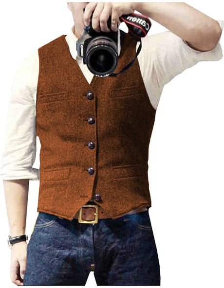 HerringLux vest heren cognac gilet met visgraat wolmix