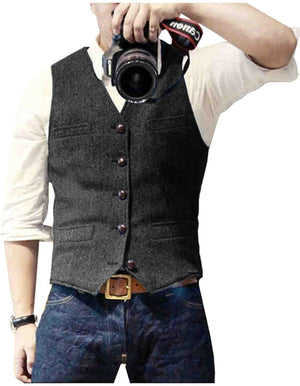 HerringLux vest heren donkergrijs gilet met visgraat wolmix