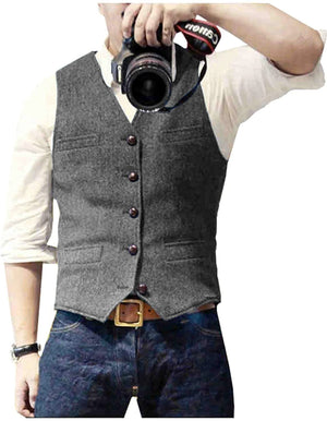 HerringLux vest heren grijs gilet met visgraat wolmix