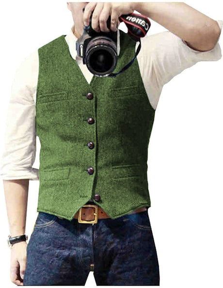 HerringLux vest heren groen gilet met visgraat wolmix