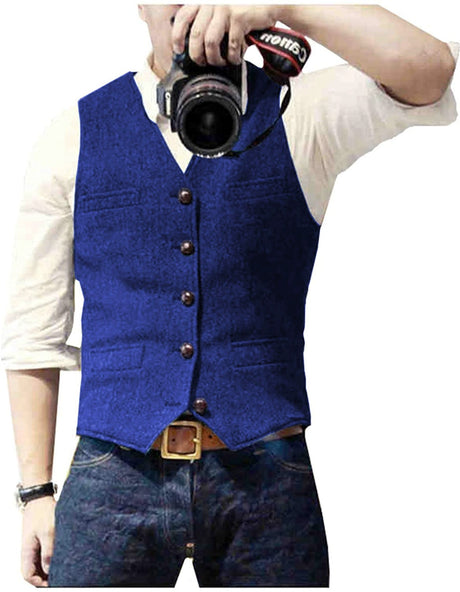 HerringLux vest heren koningsblauw gilet met visgraat wolmix