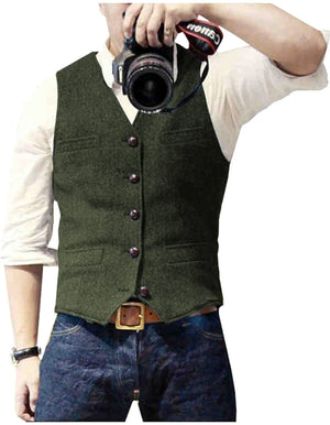 HerringLux vest heren legergroen gilet met visgraat wolmix