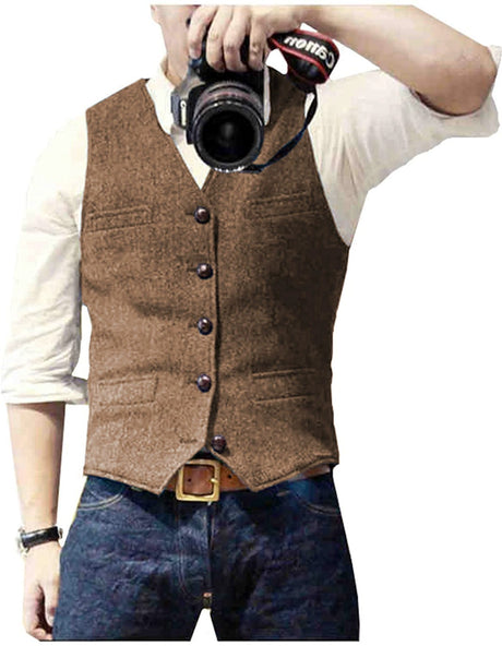 HerringLux vest heren lichtbruin gilet met visgraat wolmix