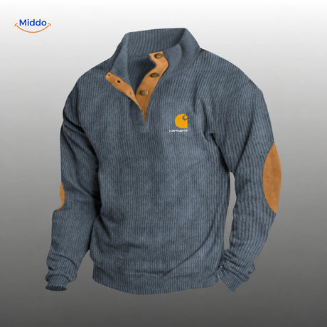 IndieWear corduroy trui in blauwgrijs met caramelkleurige details.