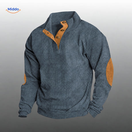 IndieWear corduroy trui in blauwgrijs met bruine knoopsluiting en elleboogstukken.