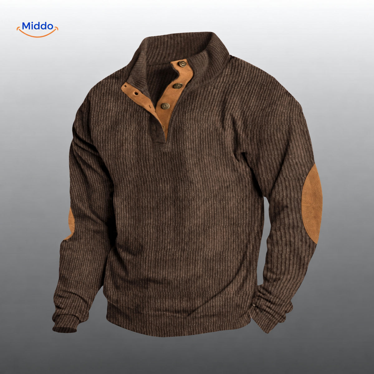 IndieWear corduroy trui in bruin met bruine knoopsluiting en elleboogstukken.