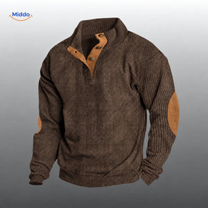 IndieWear corduroy trui in bruin met bruine knoopsluiting en elleboogstukken.
