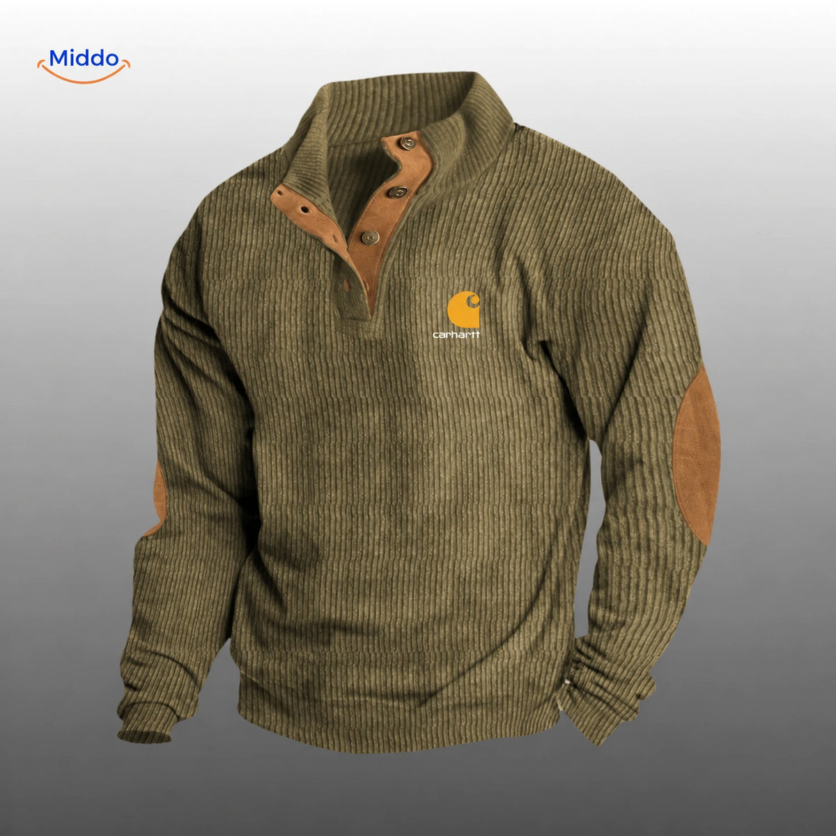 IndieWear corduroy trui in licht legergroen met caramelkleurige details.