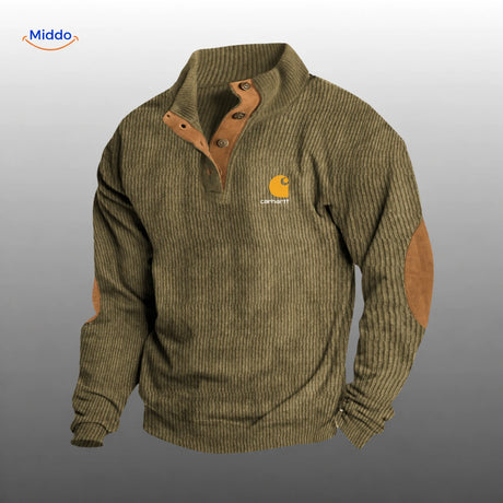 IndieWear corduroy trui in licht legergroen met caramelkleurige details.