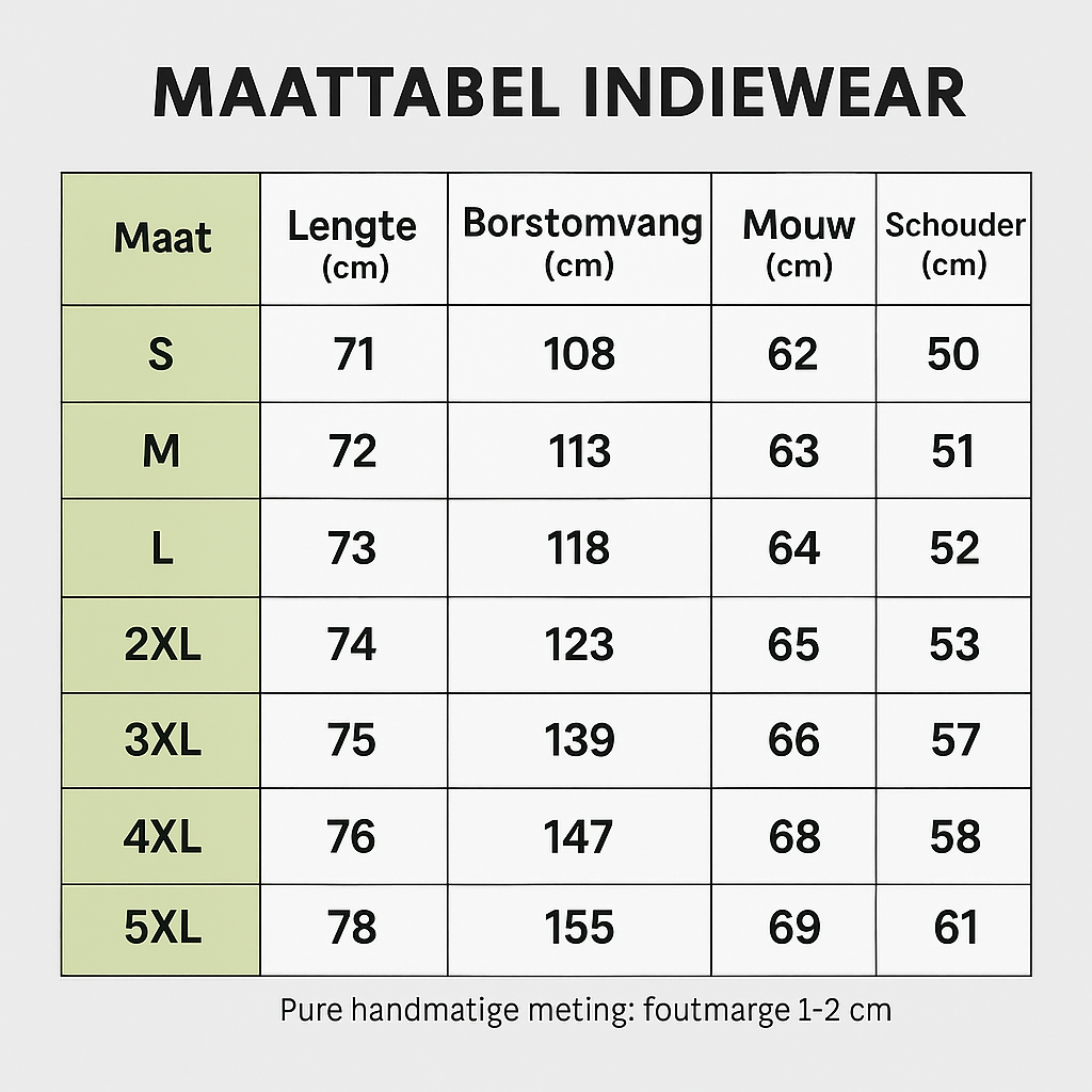 Maattabel IndieWear corduroy trui met lengte, borstomvang, mouwlengte en schouderbreedte in centimeters.