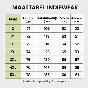 Maattabel IndieWear corduroy trui met lengte, borstomvang, mouwlengte en schouderbreedte in centimeters.