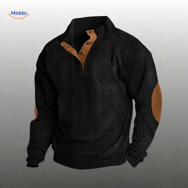 IndieWear corduroy trui in zwart met bruine knoopsluiting en elleboogstukken.