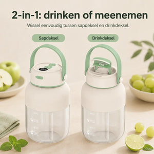 JuiceX 2-in-1 blender met verwisselbaar sapdeksel en drinkdeksel voor direct drinken en meenemen.