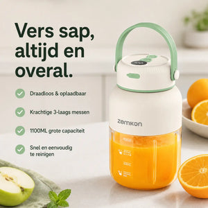 Draadloze JuiceX blender van 1100 ml gevuld met vers sinaasappelsap, ideaal voor thuis en onderweg.