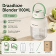 JuiceX draadloze blender in wit met groen, inclusief één beker, twee deksels, USB-kabel en rietje.