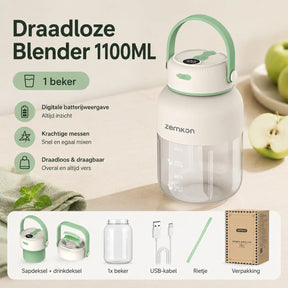 JuiceX draadloze blender in wit met groen, inclusief één beker, twee deksels, USB-kabel en rietje.