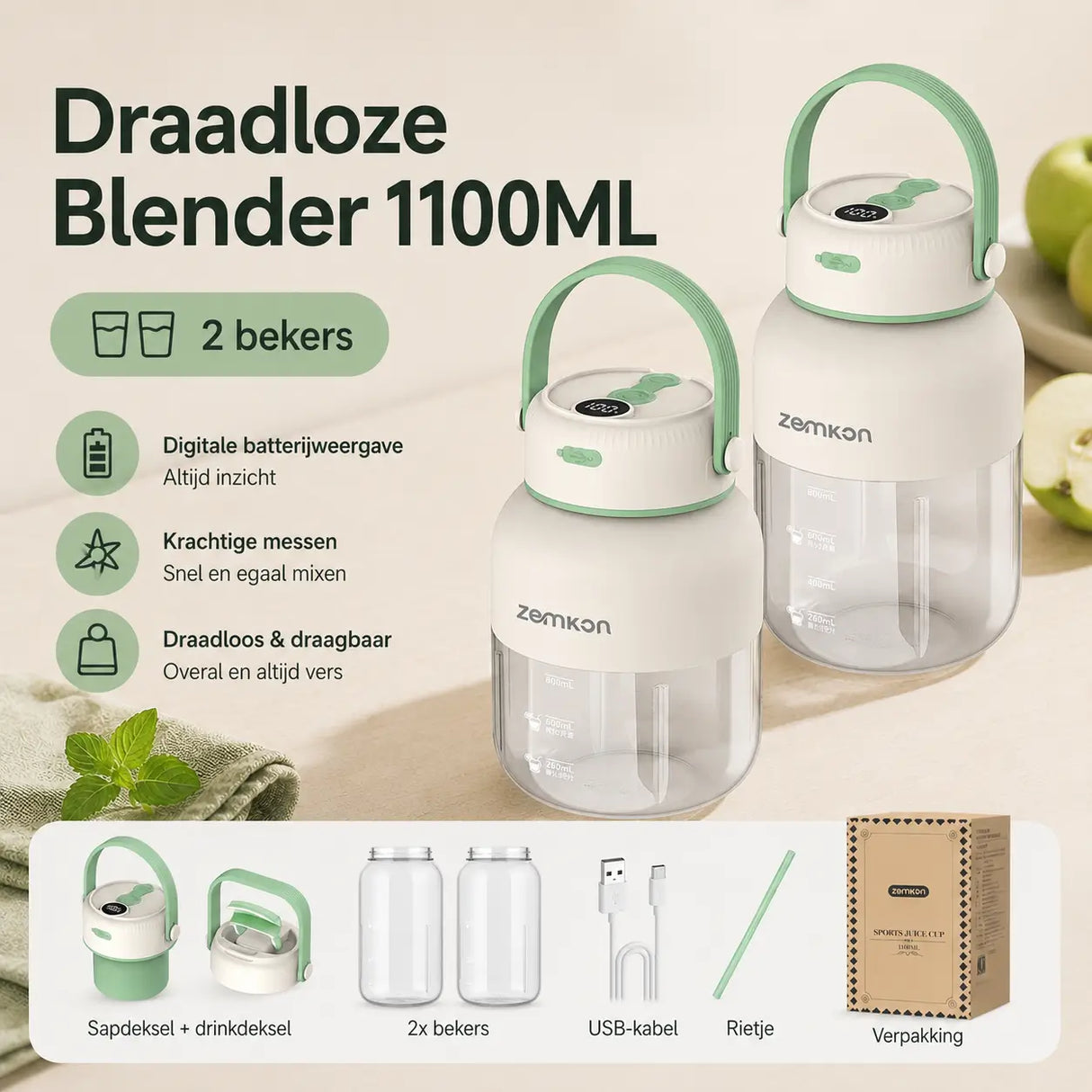 JuiceX draadloze blender in wit met groen, inclusief twee bekers, twee deksels, USB-kabel en rietje.