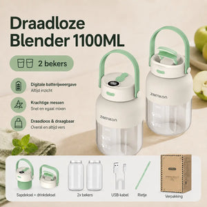 JuiceX draadloze blender in wit met groen, inclusief twee bekers, twee deksels, USB-kabel en rietje.