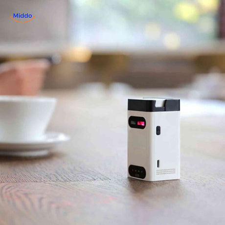 keybeam toetsenbord elegante laserprojector op houten tafel www.middo.nl