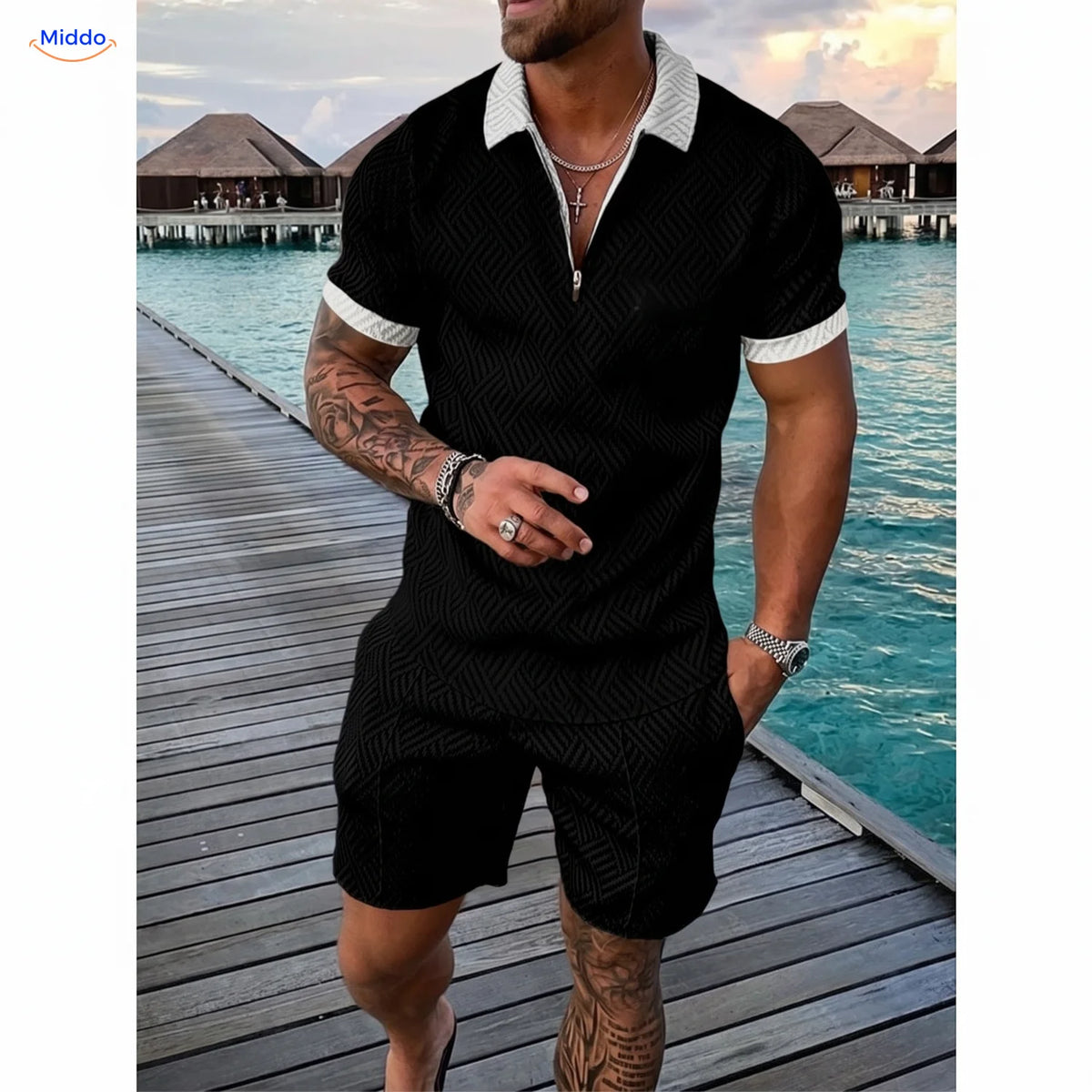 Leander zomerset heren polo en short zwart met witte randen