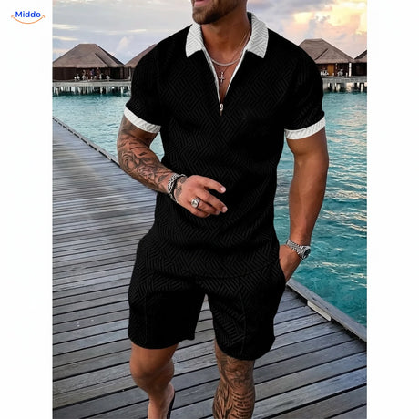 Leander zomerset heren polo en short zwart met witte randen