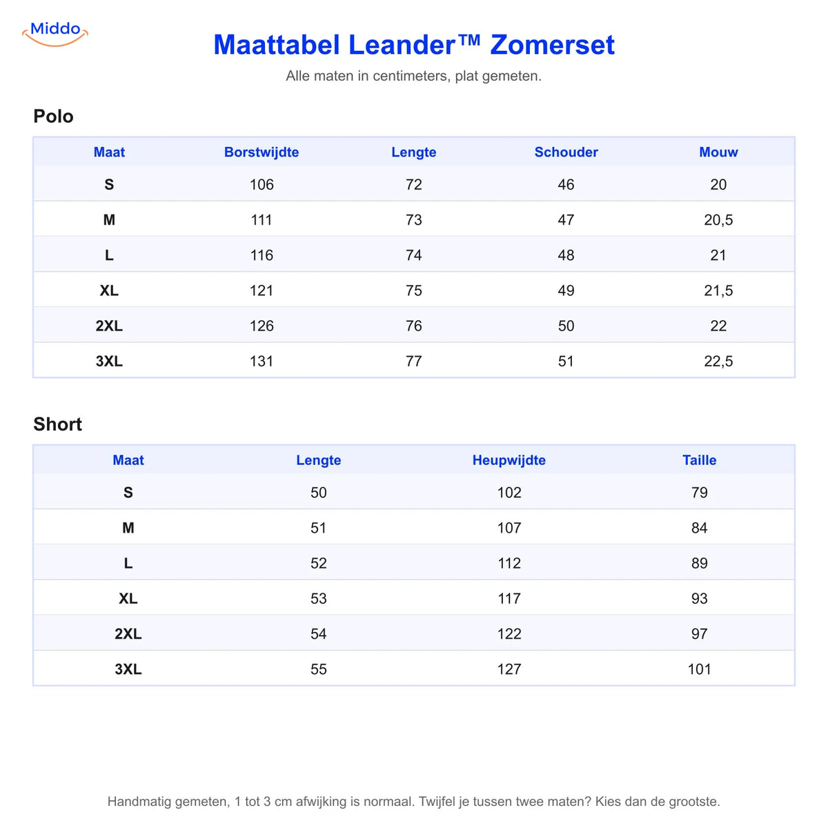 Maattabel Leander zomerset