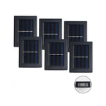 Zes zonnepaneel buitenlampen in een rij op een witte achtergrond.