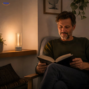 man van ongeveer 45 jaar leest naast Luminex Compact lamp www.middo.nl