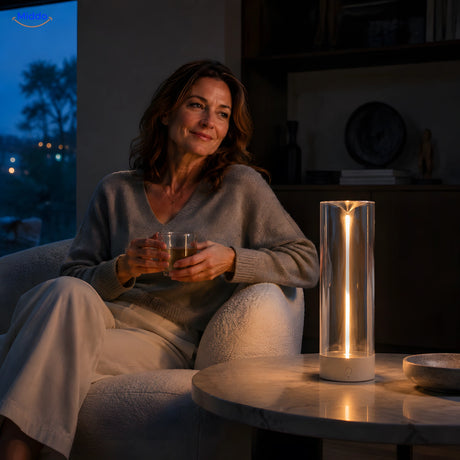 vrouw van ongeveer 45 jaar bij Luminex Premium sfeerlamp in de woonkamer www.middo.nl