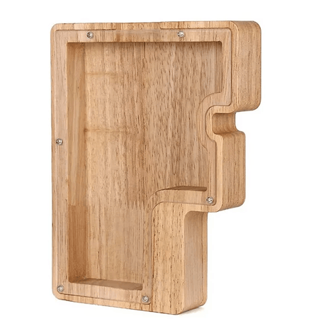 Houten spaarpot in de vorm van de letter F, ideaal voor kinderen.