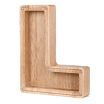 Houten spaarpot in de vorm van de letter L, leuk voor kinderen.