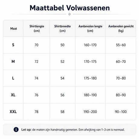 Maattabel volwassenen voor FIFA WK 2026 supportersshirt