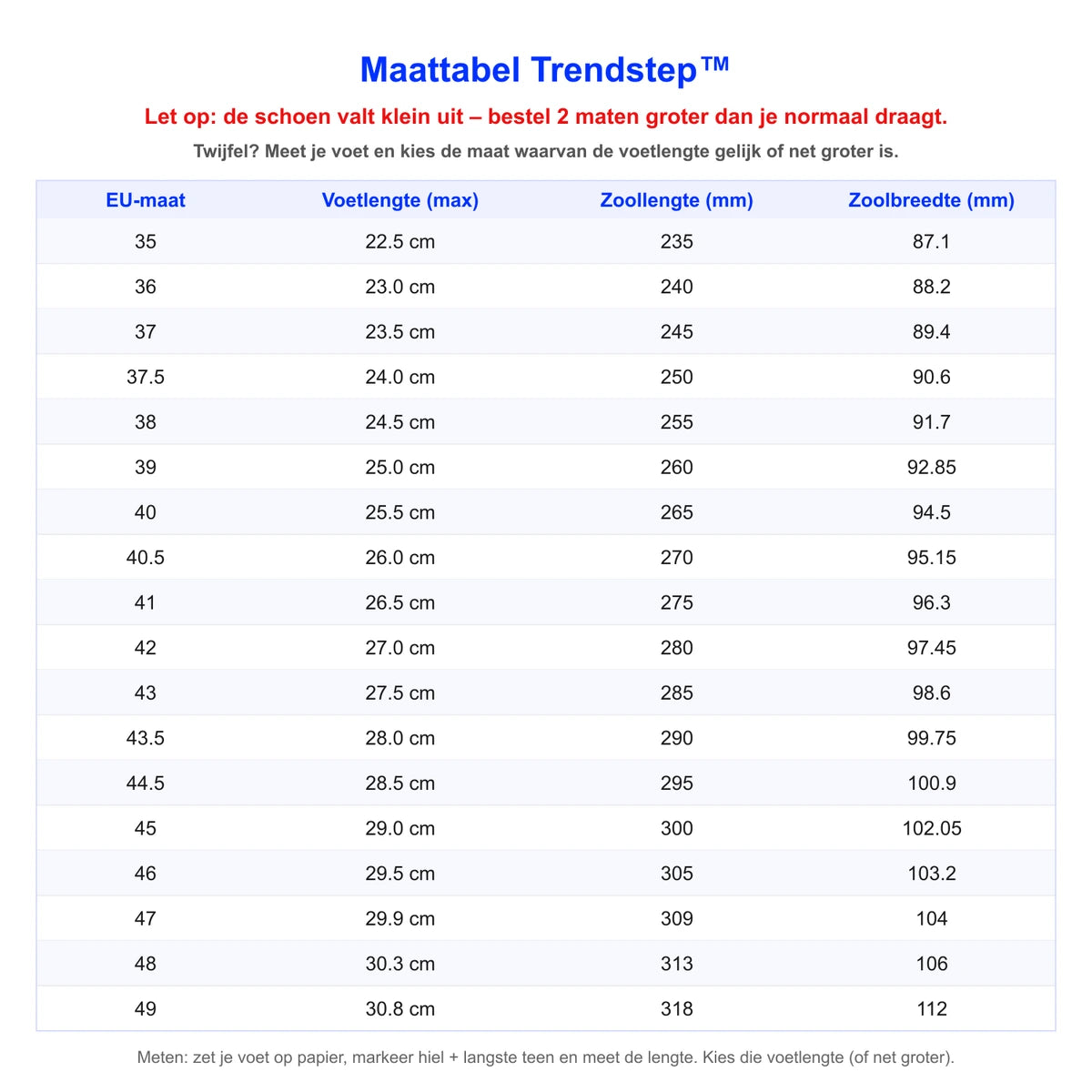 Maattabel Trendstep