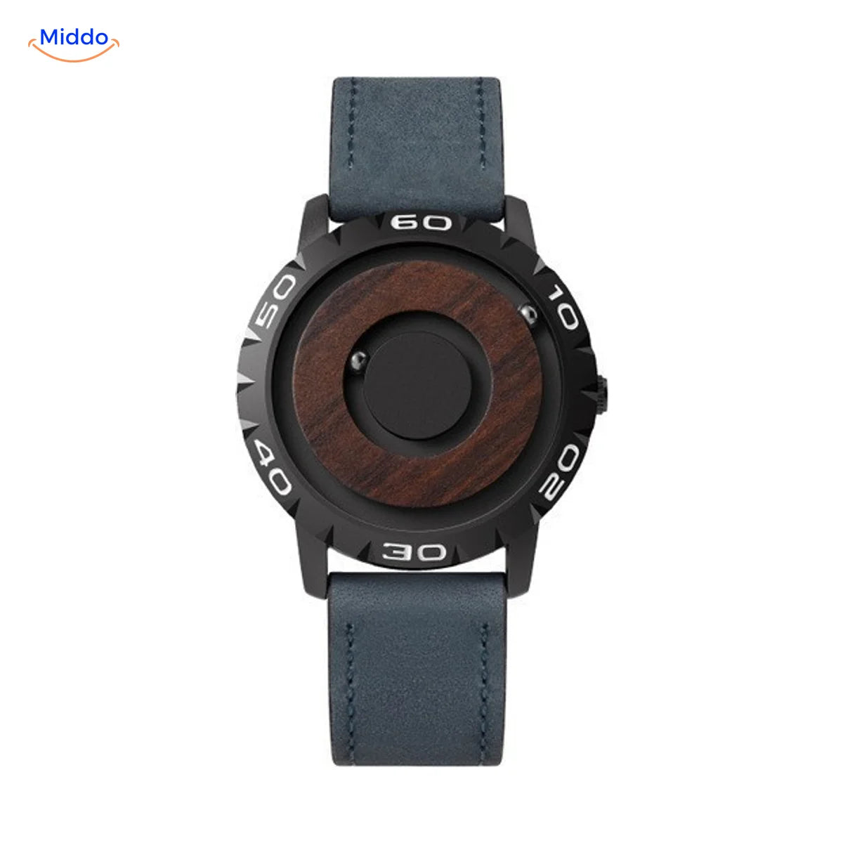 Magnetic Watch met houten wijzerplaat en blauwe leren band