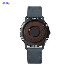 Magnetic Watch met houten wijzerplaat en blauwe leren band