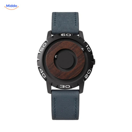 Magnetic Watch met houten wijzerplaat en blauwe leren band