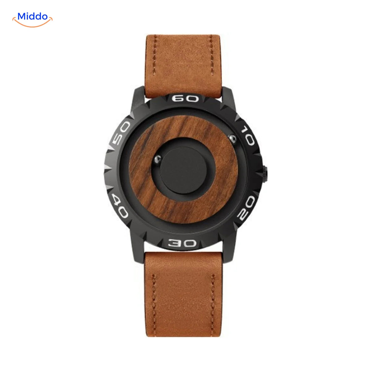 Magnetic Watch met houten wijzerplaat en bruine leren band